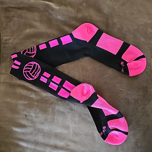 🏐 Mid-Calf Crew Socks, Volleyball Logo - Large (Black/Neon Pink) - Picture 2 of 4